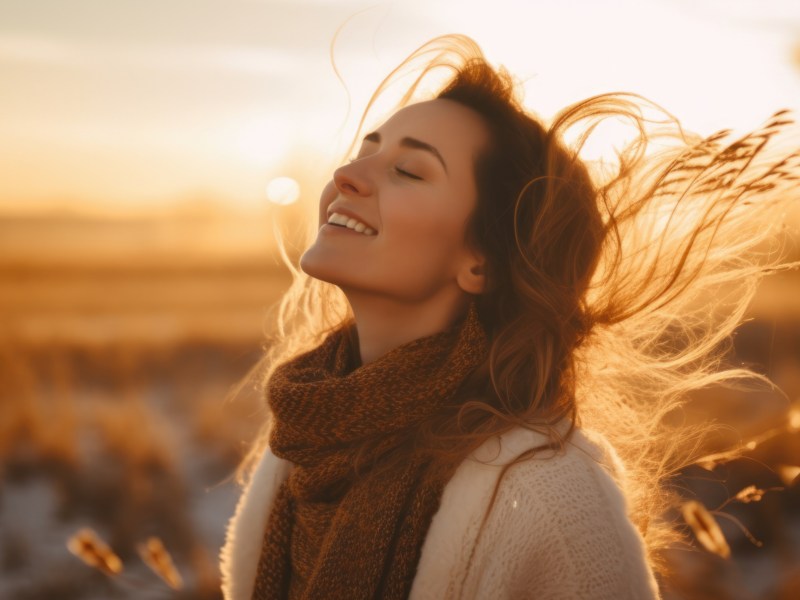 Frau mit geschlossenen Augen bei Sonnenuntergang auf einem Feld, lächelt. Haare wehen im Wind