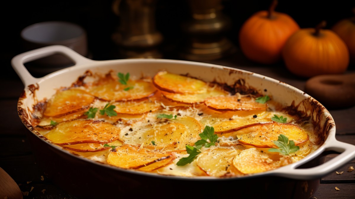 Kartoffelgratin mit Kürbis in heller Auflaufform.