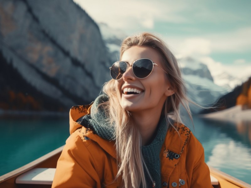Frau auf einem Boot, die mit Sonnenbrille in die Ferne schaut, während im Hintergrund Berge zu sehen sind