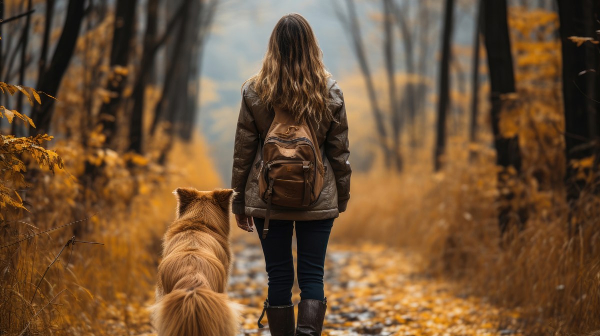 Frau geht mit Hund in Herbstwald spazieren