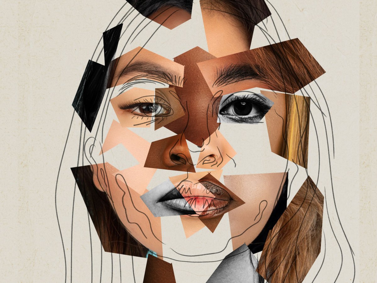 Gesicht einer Frau aus einer Collage von unterschiedlichen Gesichtsteilen