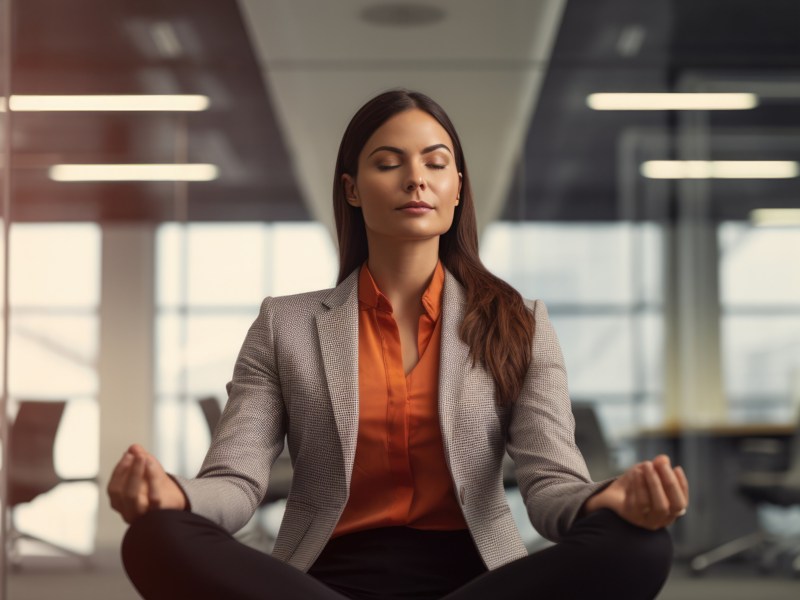 Business-Frau mit langen braunen Haaren meditiert in ihrem Büro.