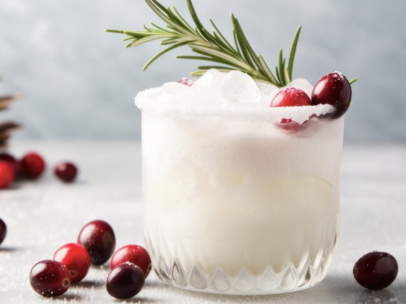 Winterlicher weißer Cocktail mit Cranberrys und Zuckerrand am Glas.