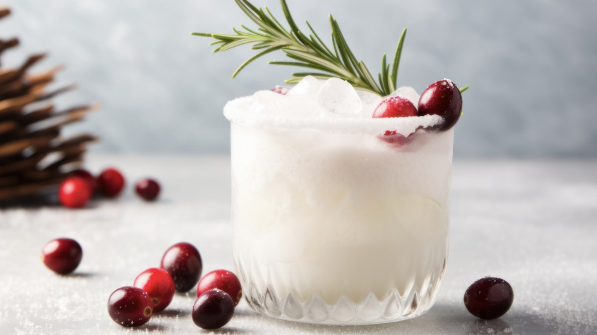 Winterlicher weißer Cocktail mit Cranberrys und Zuckerrand am Glas.