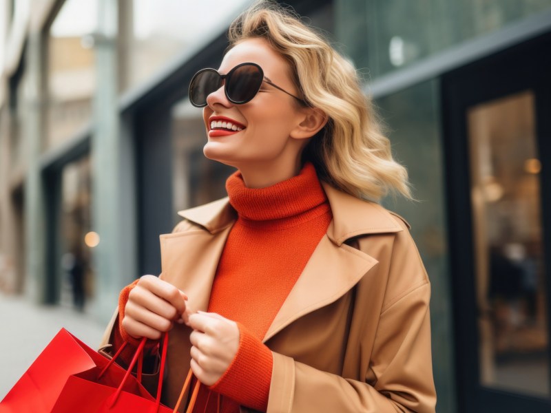 Frau mit Shopping-Tasche in der Hand und Sonnenbrille auf, die durch die Stadt geht und lächelt
