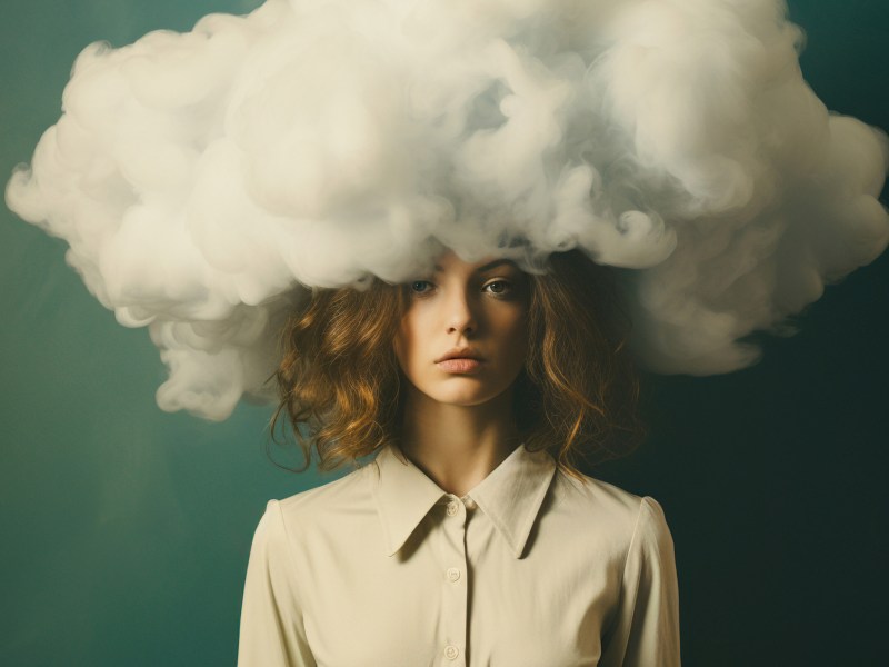 AI generiertes Bild einer jungen Frau über dessen Kopf eine Wolke schwebt.