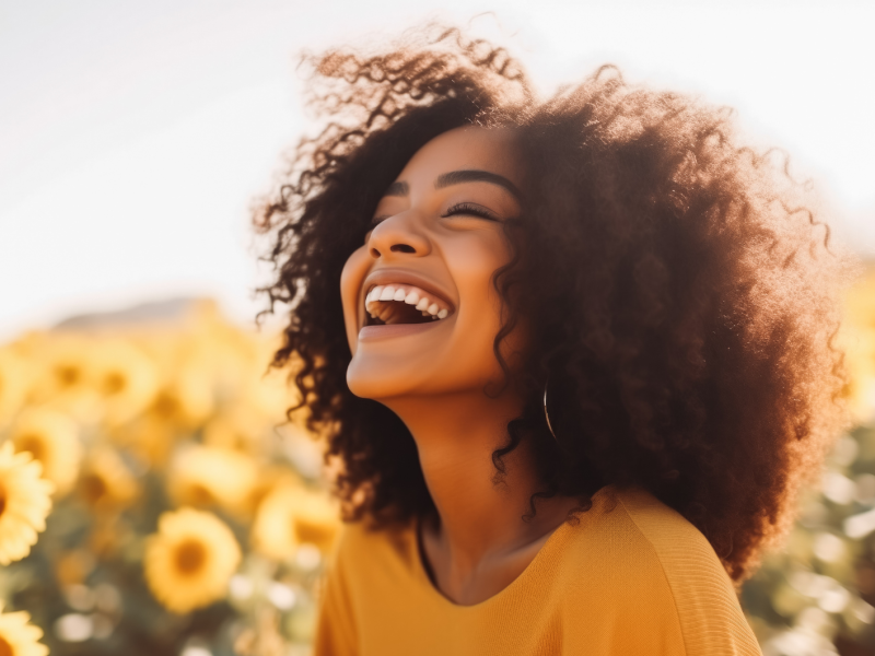 Frau im Sonnenblumenfeld, die fröhlich vor sich hin lacht