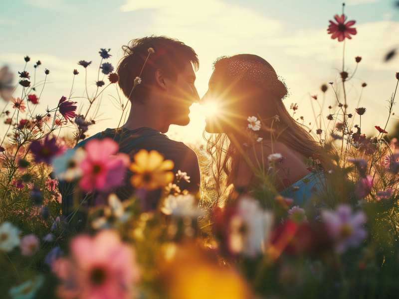 Verliebtes Pärchen bei Sonnenuntergang auf einer Blumenwiese