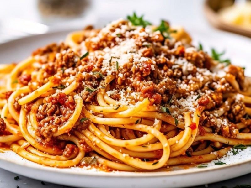 Spaghetti Bolognese auf einem weißen Teller.