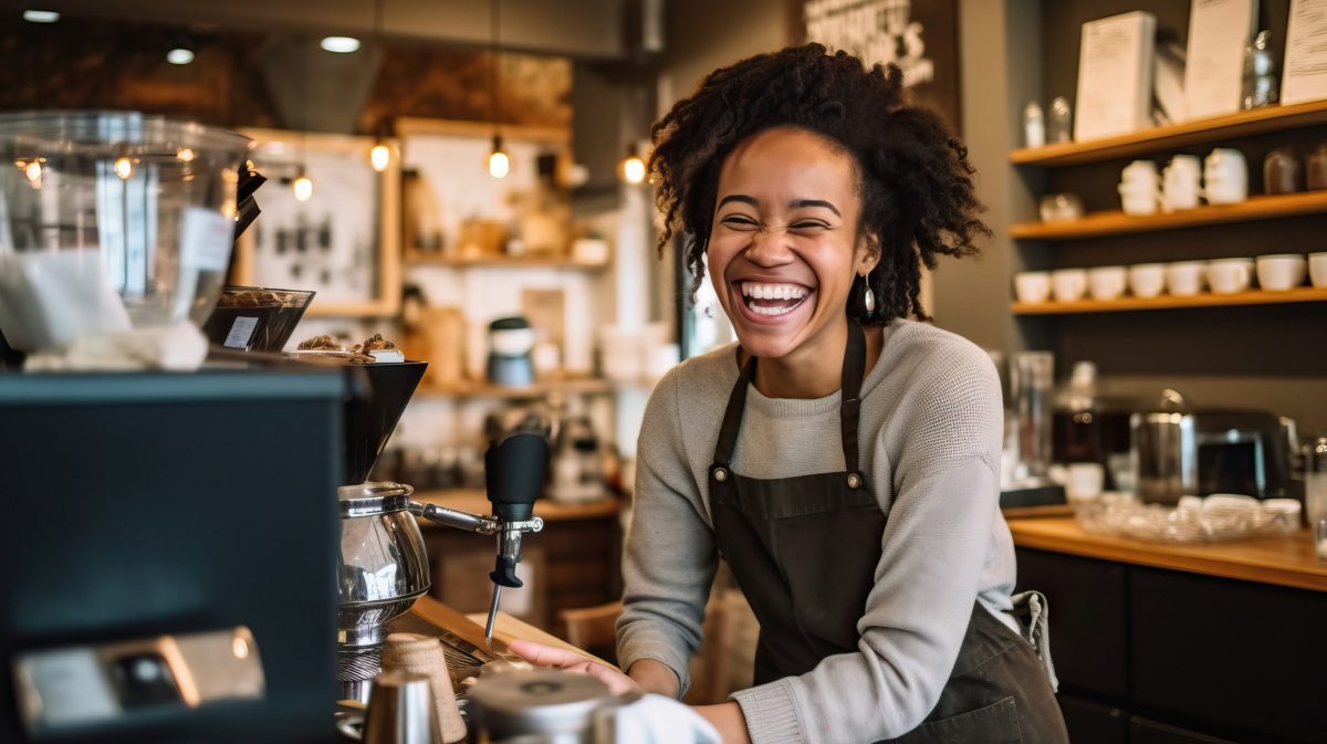 Junge Schwarze Frau arbeitet in Café als Barista.