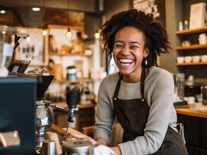 Junge Schwarze Frau arbeitet in Café als Barista.
