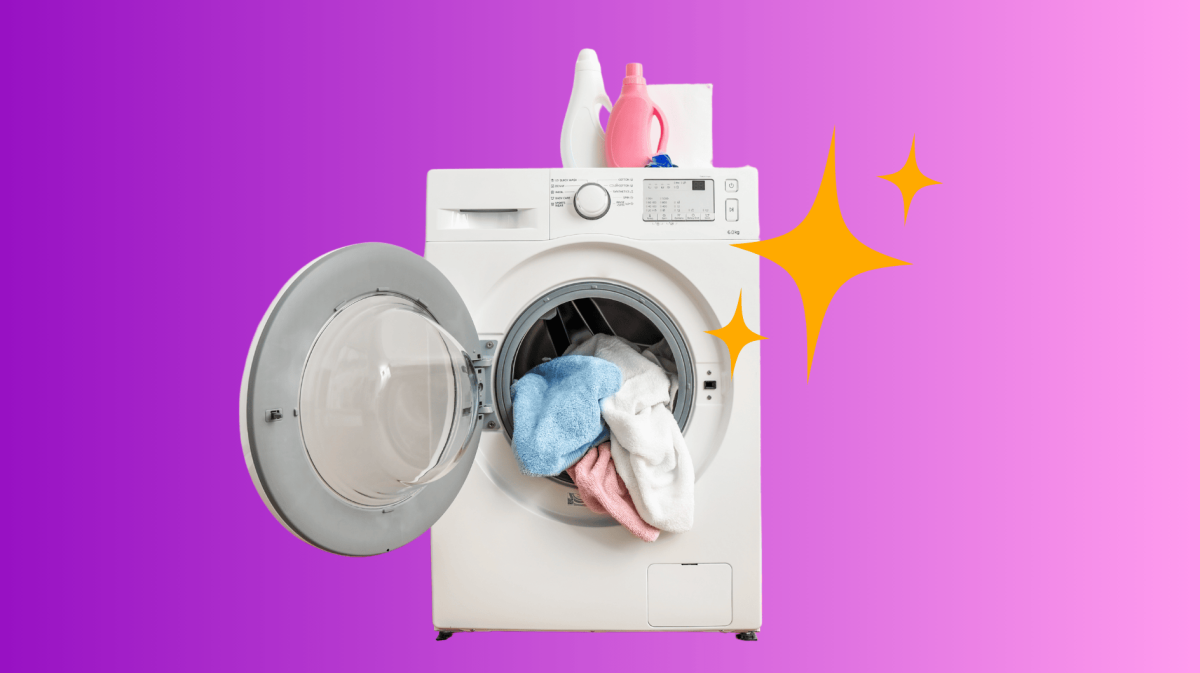 Waschmaschine auf knalligem Hintergrund.