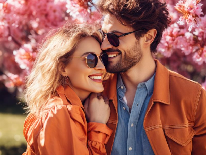 Verliebt wirkendes Paar aus Frau und Mann mit Sonnenbrille schmiegt sich vor blühenden Kirschbäumen aneinander