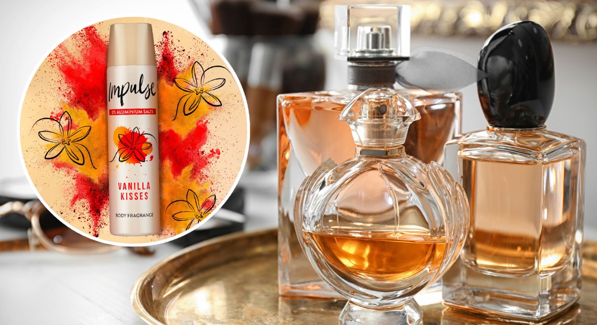Drei Parfumj Flacons daneben ein Bild des Deos Impulse Vanilla Kisses