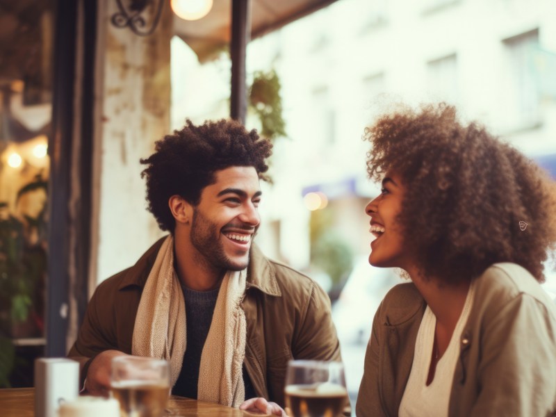 Frau und Mann in einem Café, die sich anlächeln und ein Getränk auf dem Tisch vor sich haben