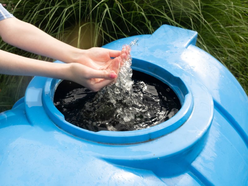 Frau hält Hände in Wasser einer blauen Regentonne