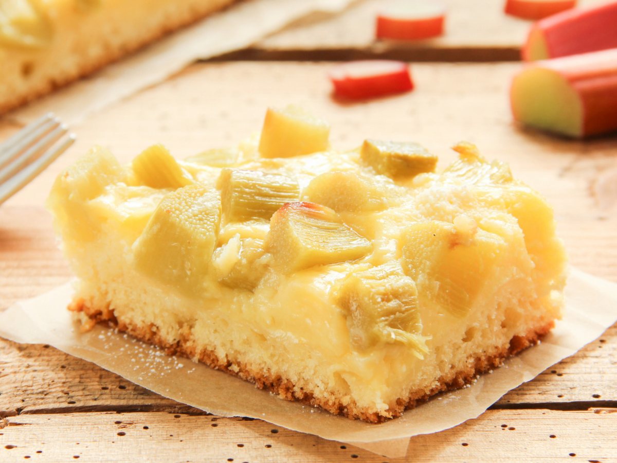 Blechkuchen mit Pudding und Rhabarber auf einem Stück Backpapier.