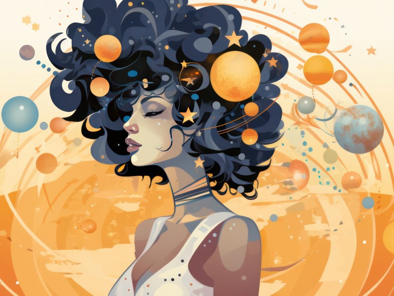 Illustriertes Bild einer Frau, deren Kopf von Planeten umgeben ist.