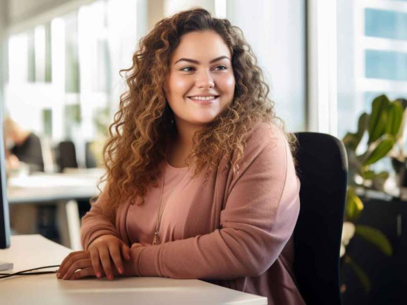 Frau mit Locken sitzt am Schreibtisch.