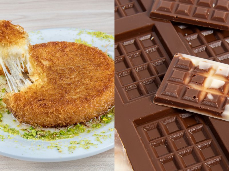 Das Bild besteht aus zwei Hälften, eine Seite zeigt das türkische Dessert Künefe. Die andere eine selbst gemachte Tafel Schokolade.