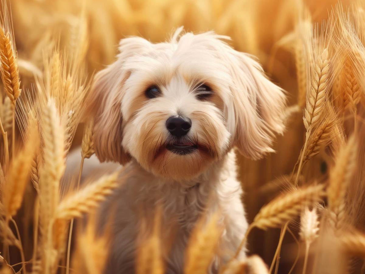 KI-generiertes Bild eines kleinen Hundes in einem gelben Getreidefeld