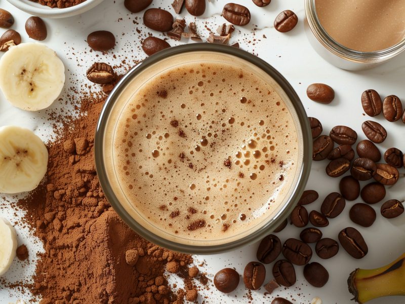 Smoothie mit Kaffee, Banane, Haferflocken und Kakao auf weißem Tisch.