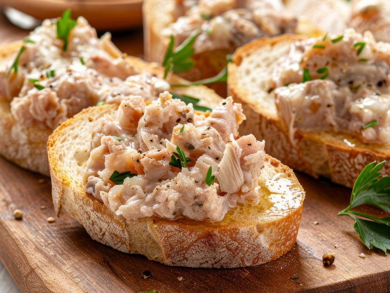 Geröstete Scheiben Baguette mit Thunfischcreme drauf.