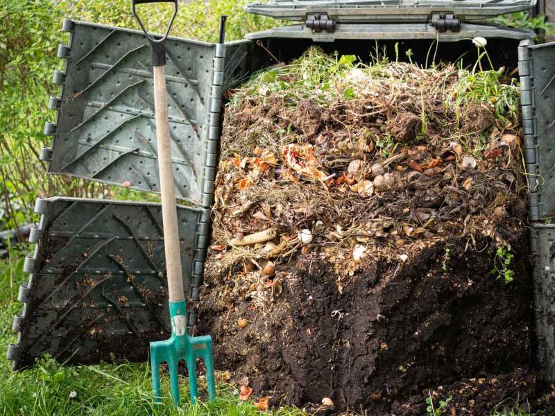 Kompost, der im Garten in einem Kompostierer liegt.