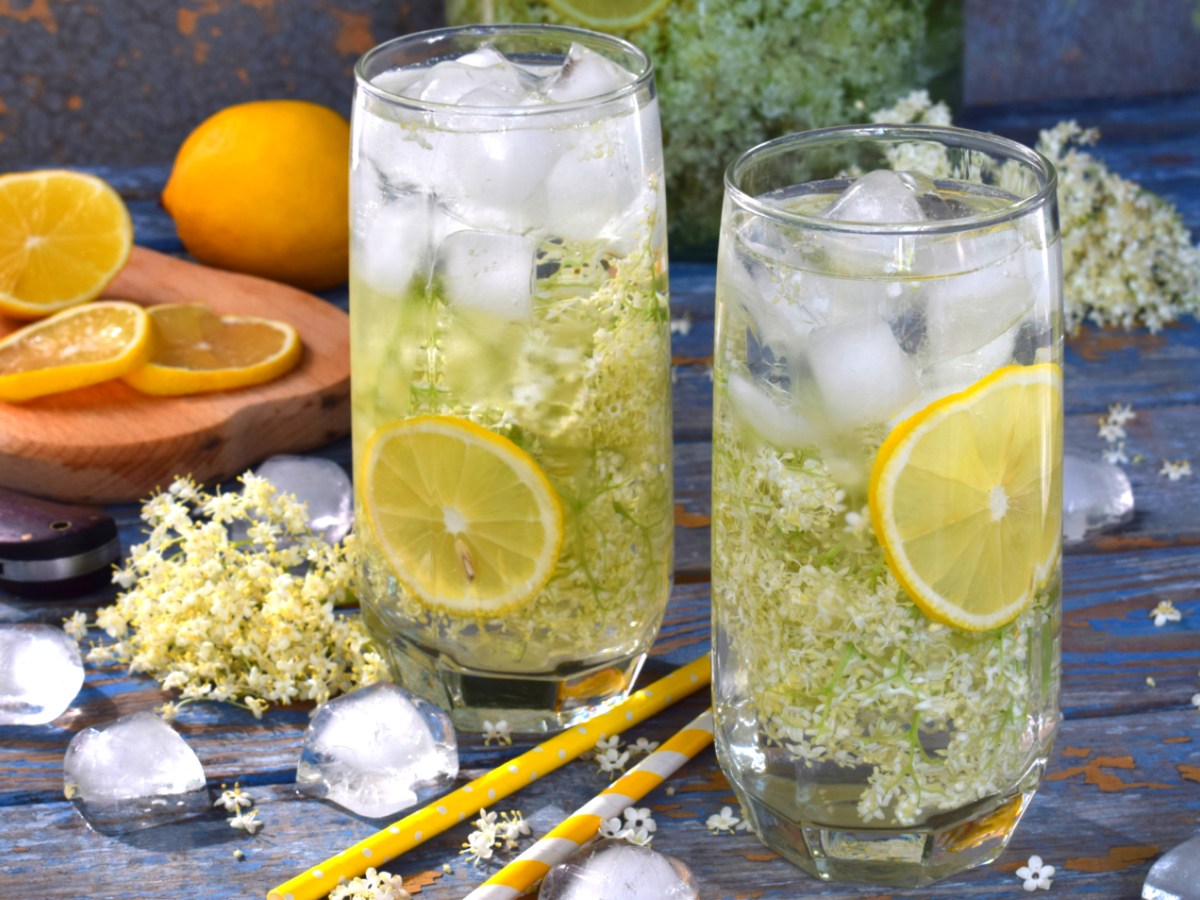 Zwei Longdrinks mit Holunder, Zitrone und Eiswürfel.