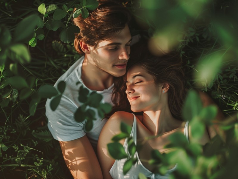 Frua und Mann auf Gras zwischen Bäumen, die gemeinsam kuscheln und sich umarmen.