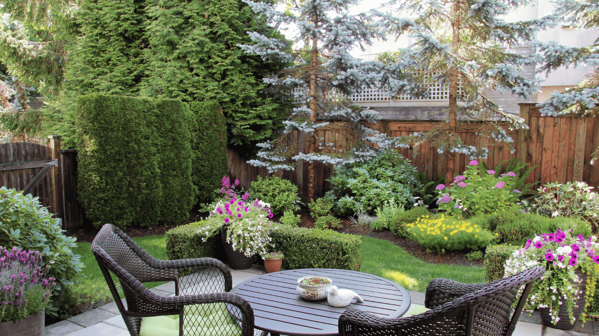 Kleiner Garten mit Stühlen und Pflanzen