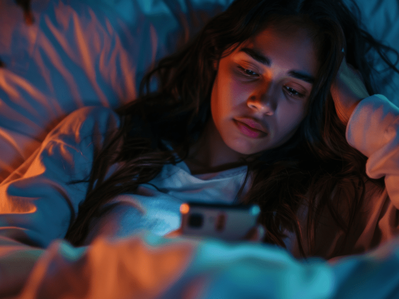 KI_generierte Frau im Bett am Handy, die desinteressiert auf den Bildschirm schaut.