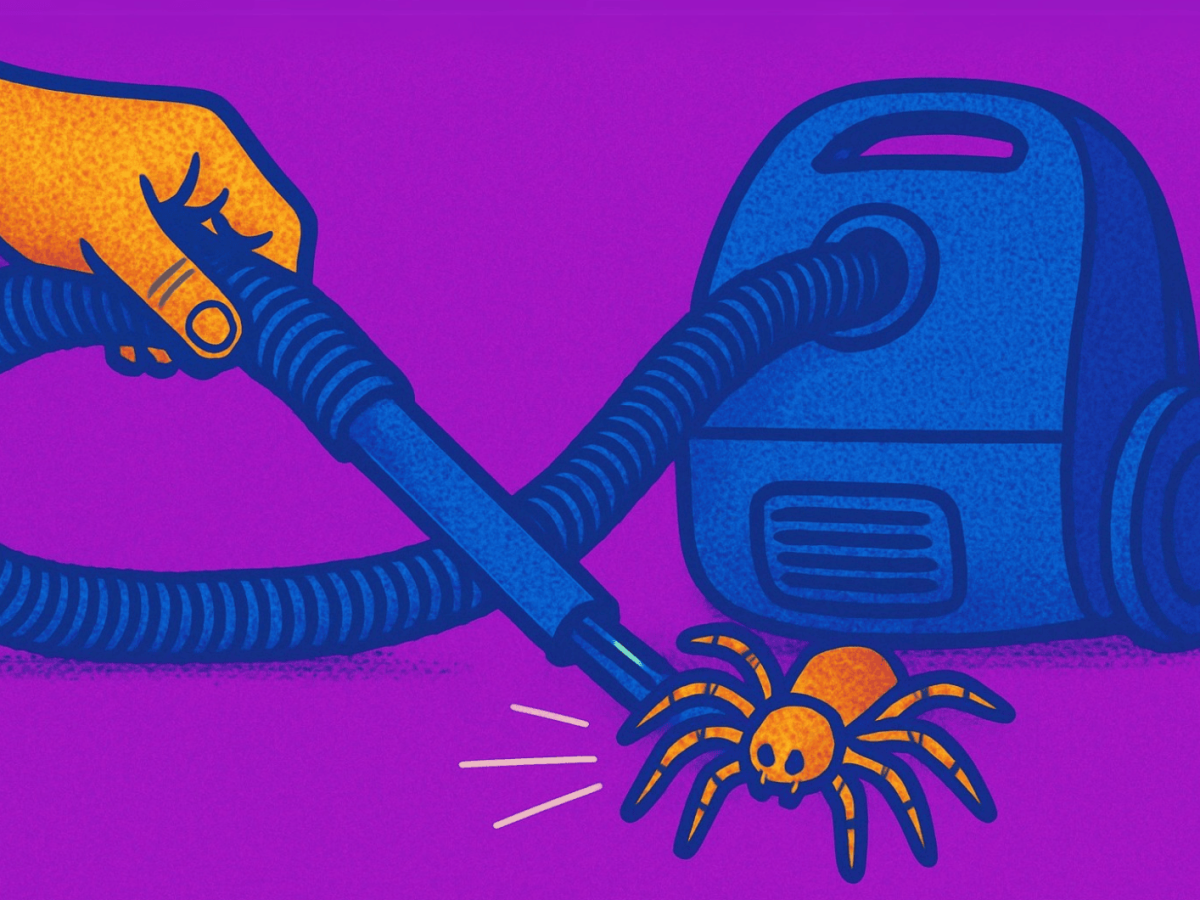 Illustration von Hand, die mit Staubsauger eine Spinne einsaugt.