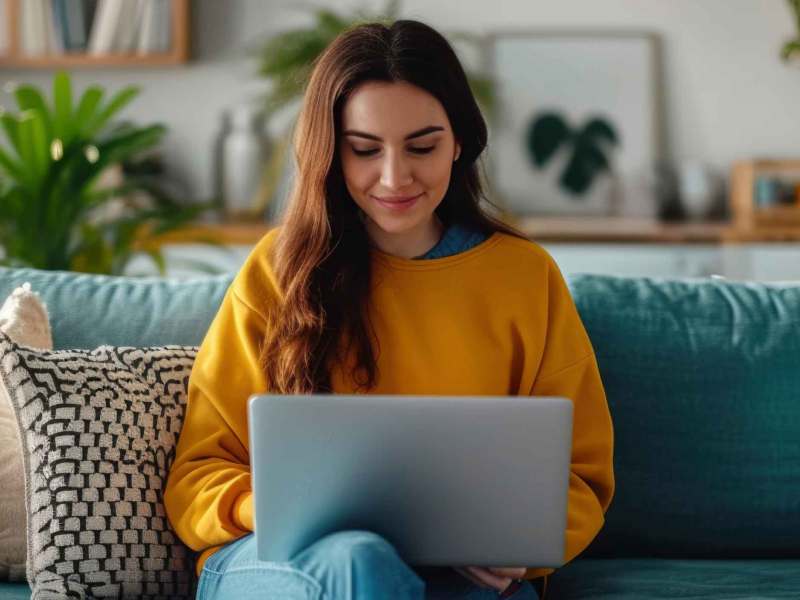 Junge Frau mit einem gelben Pullover sitzt mit einem Laptop auf der Couch.