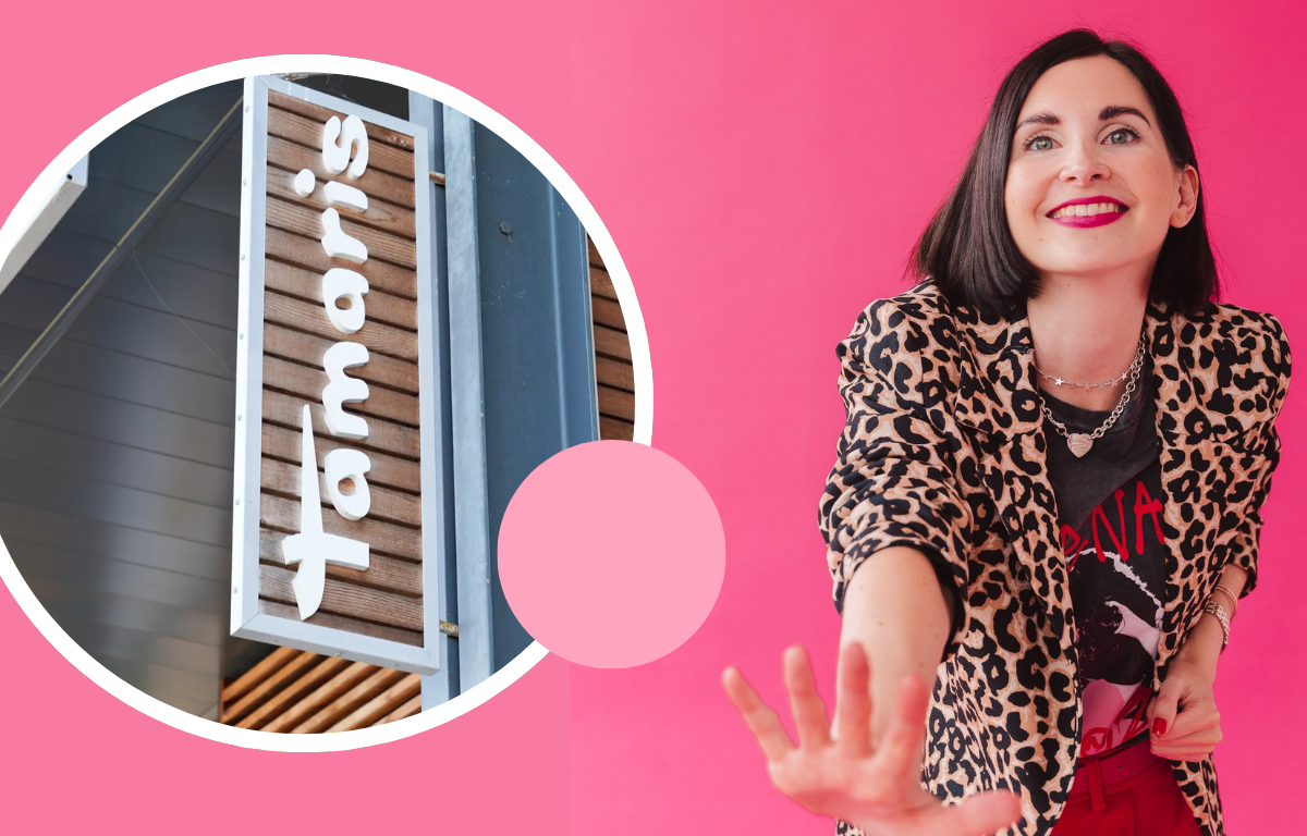 Stilberaterin Yvonne Willms vor pinkem Hintergrund daneben ein Bild des Tamaris Logos