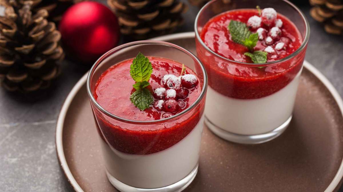 Panna Cotta in Gläsern mit Erdbeerspiegel.