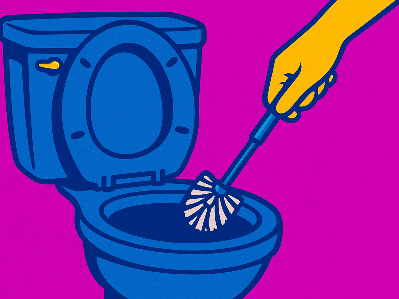 Pop Art Bild einer Toilette mit hand, die sie mit Klobürste reinigt