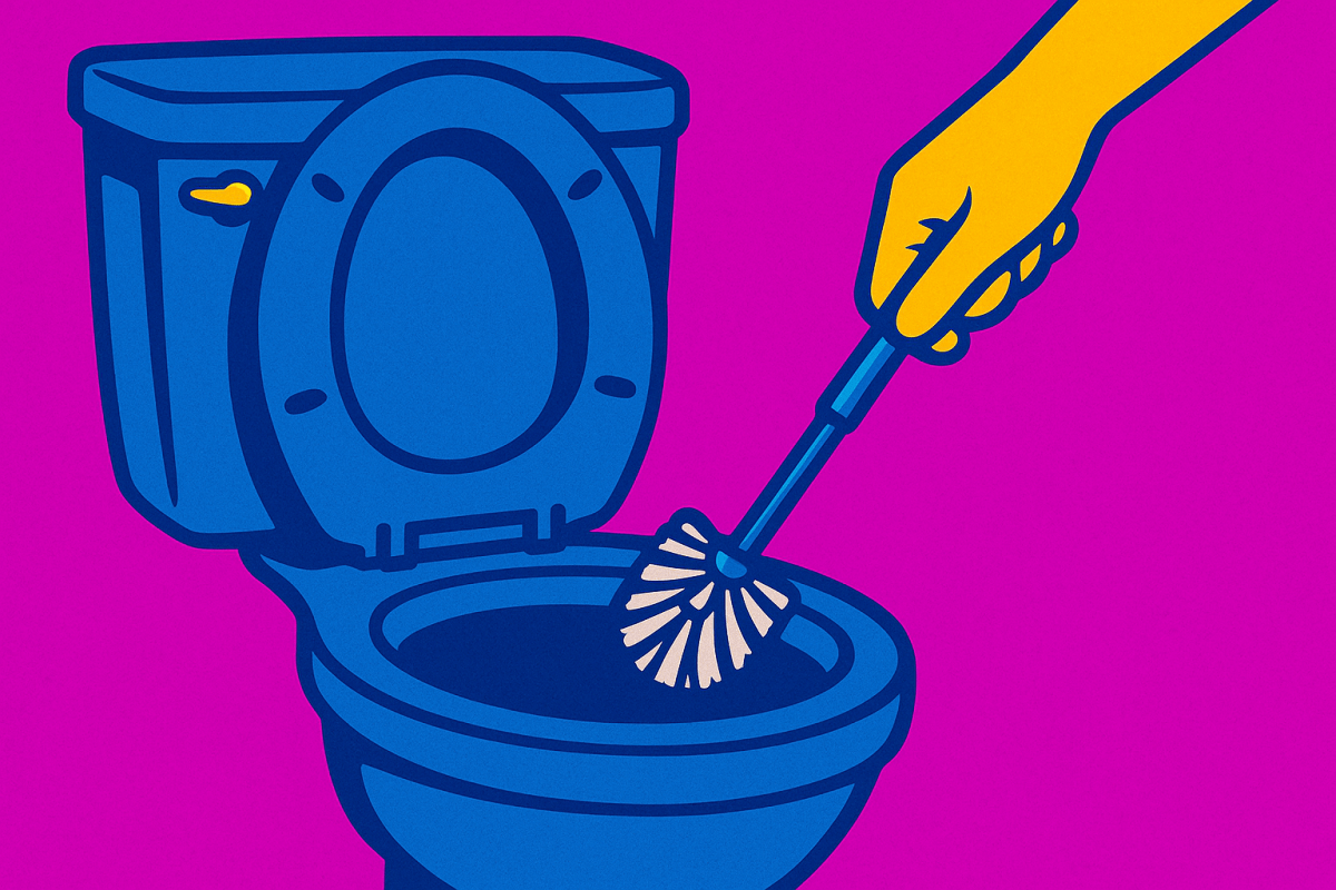 Pop Art Bild einer Toilette mit hand, die sie mit Klobürste reinigt