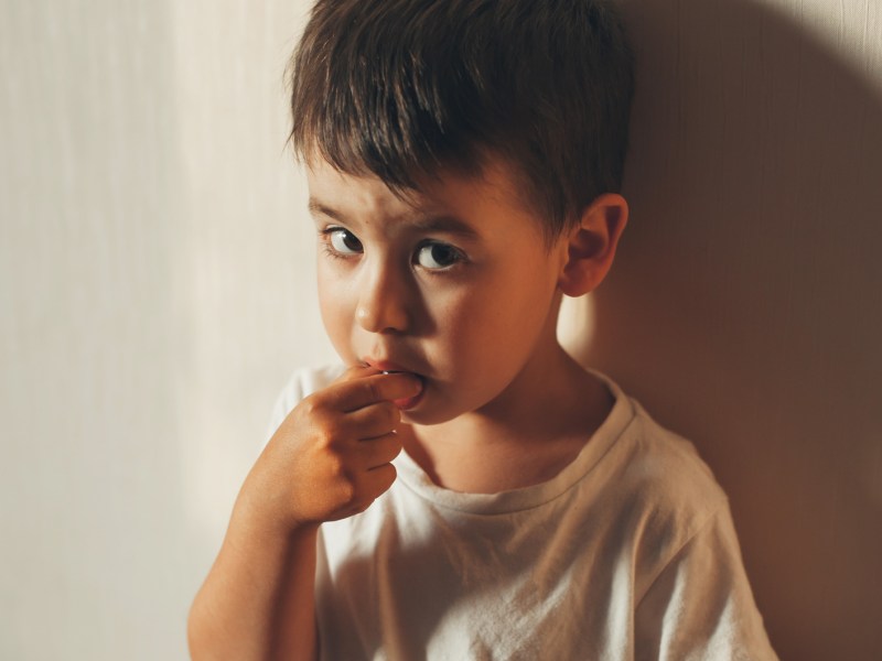 Junge, ca. 4 Jahre, steht vor einer weißen Wand und schaut misstrauisch in die Kamera.