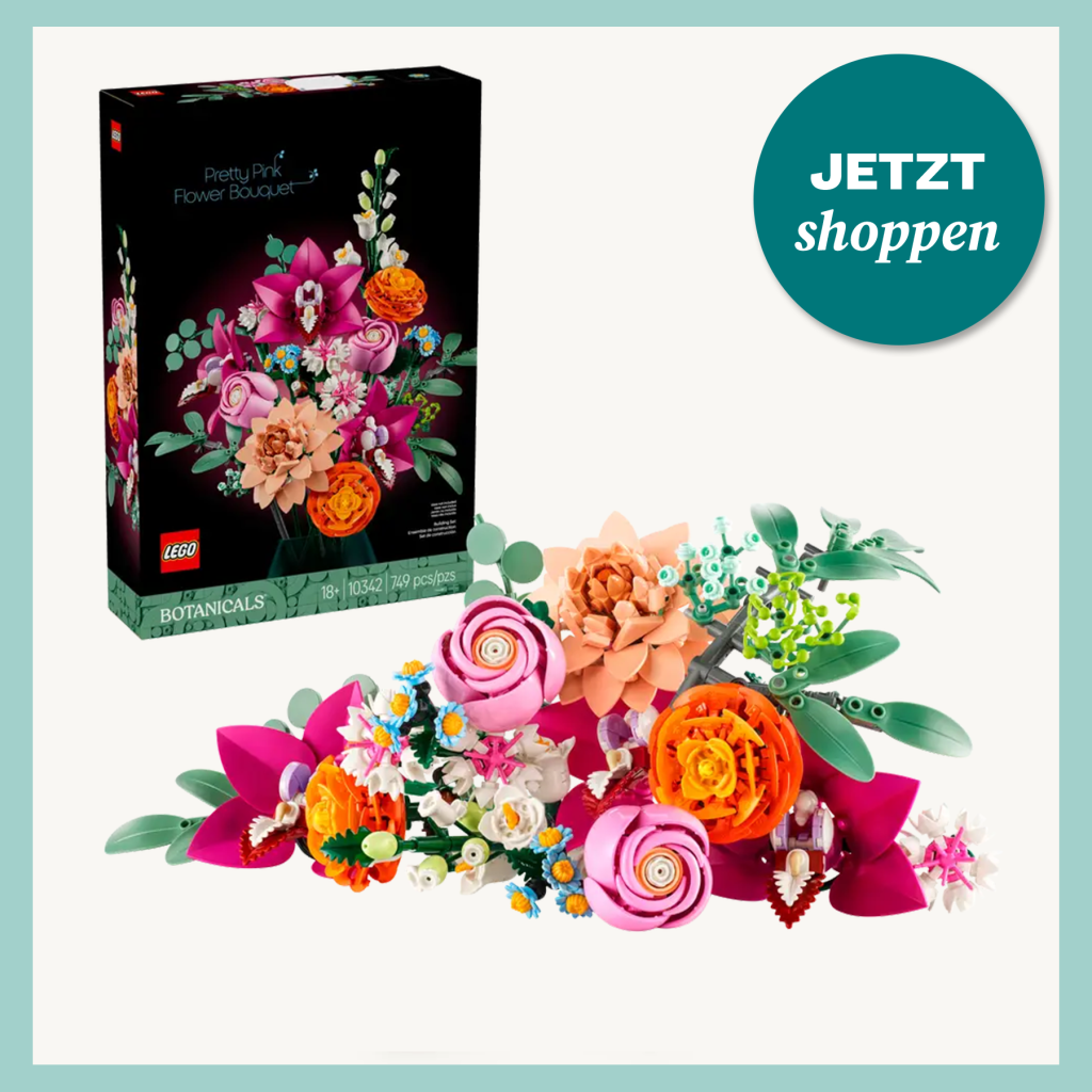 Buntes LEGO-Blumenstrauß-Set mit rosafarbenen, orangen und weißen Blüten sowie grünen Blättern, daneben die Verpackung mit dem Motiv.
