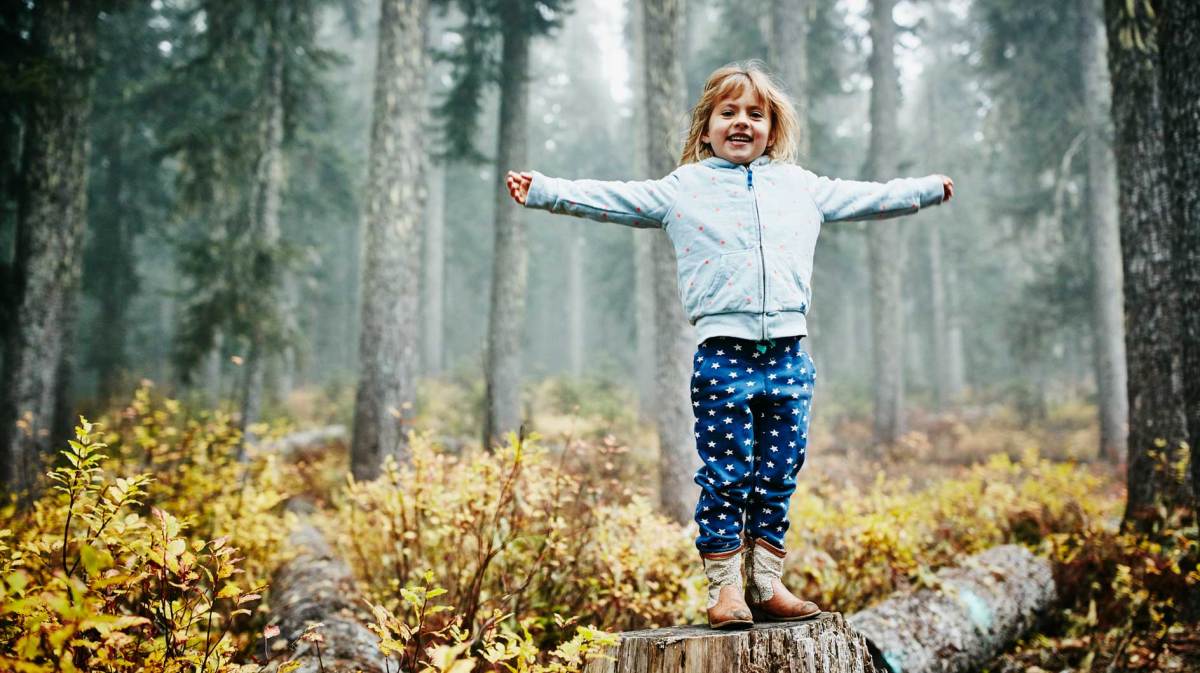 Lächelndes Mädchen, ca. 8 Jahre, steht auf einem Baumstumpf im Wald und breitet beide Arme aus.