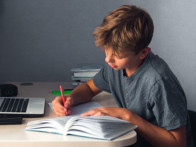 Junge im Teenageralter sitzt am Schreibtisch und erledigt gewissenhaft und konzentriert Schulaufgaben.