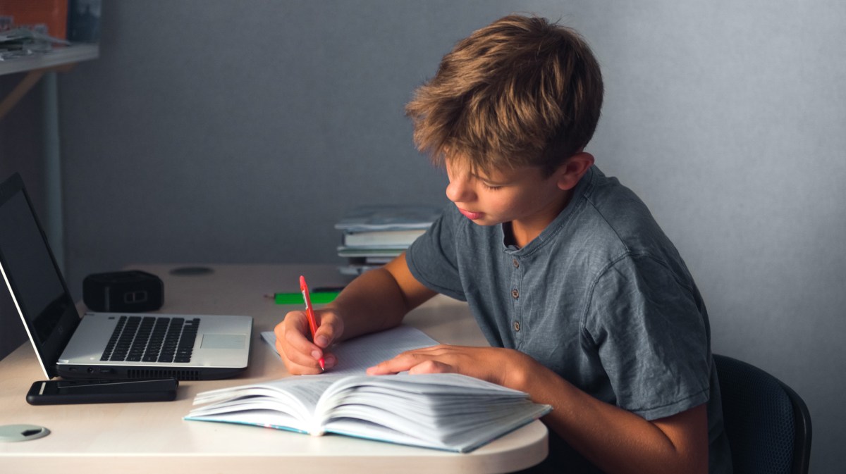 Junge im Teenageralter sitzt am Schreibtisch und erledigt gewissenhaft und konzentriert Schulaufgaben.
