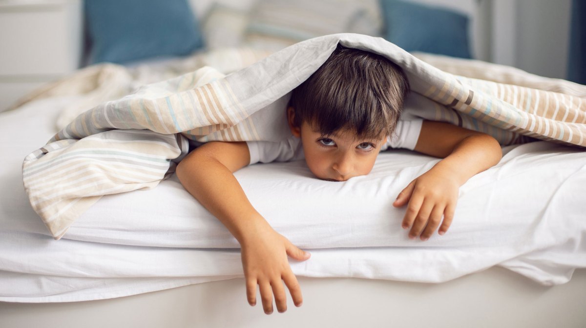 Junge, ca. 8 Jahre alt, schaut bäuchlings auf dem Bett liegend unter seiner Bettdecke hervor.