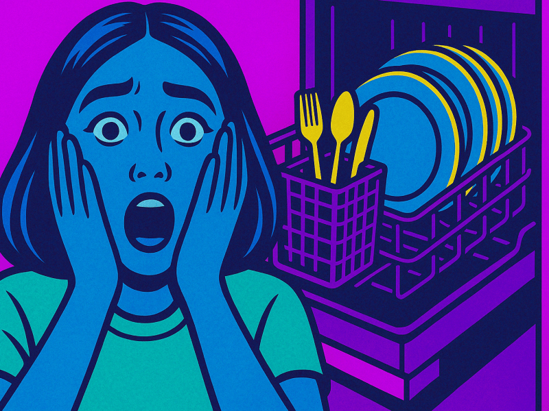 Pop Art Bild einer erschrocken aussehenden Frau im Hintergrund eine offene Spülmaschine