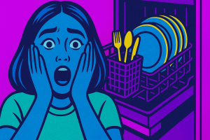 Pop Art Bild einer erschrocken aussehenden Frau im Hintergrund eine offene Spülmaschine