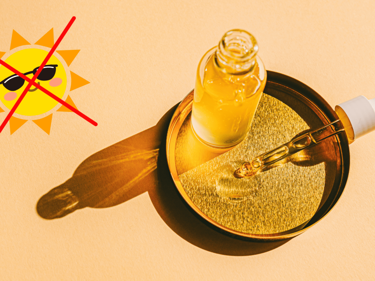 Kleine Flasche mit Selbstbräuner-Tropfen und eine durchgestrichene Sonne