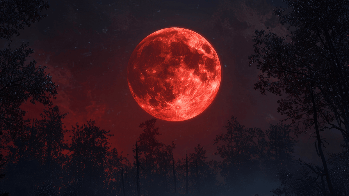 Rot gefärbter Vollmond an Nachthimmel.