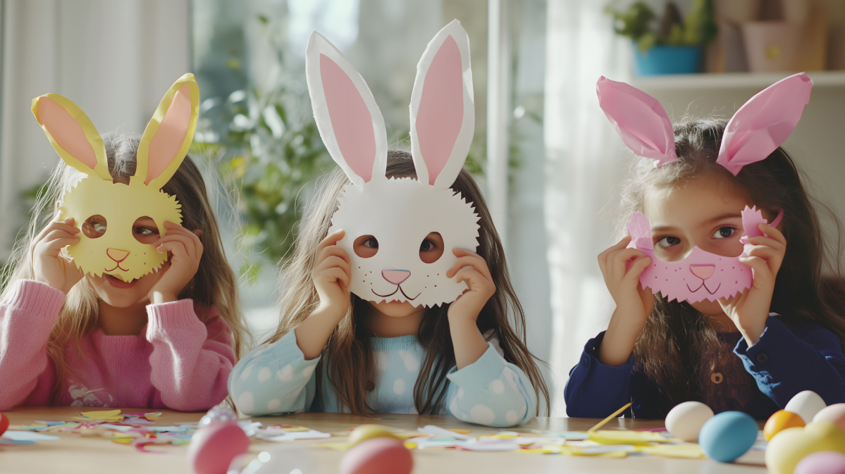 3 Mädchen, etwa 5 Jahre, sitzen am Tisch und halten sich Osterhasen-Masken vor das Gesicht