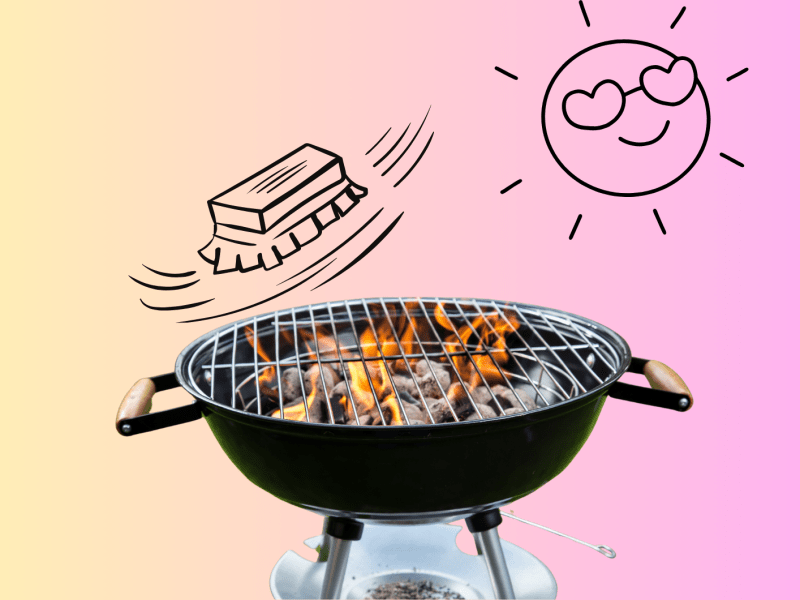 Ein Grill vor einem bunten Hintergrund und eine Bürste, die den Schrubben möchte